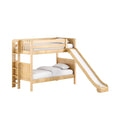 Natural light wood kids loft bunk bed with built-in slide, ladder, guardrails and white bedding — modern children's bedroom furniture