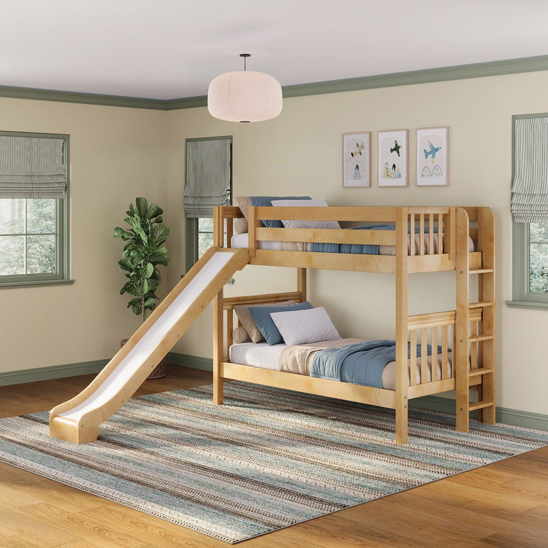 Natural wood kids bunk bed with slide in bright children's room, blue bedding, striped rug, pendant light, potted plant and airplane wall art
