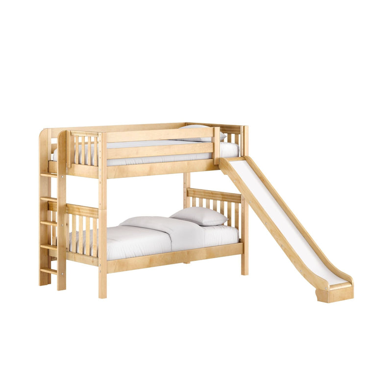 Solid wood twin-over-full kids loft bunk bed in natural maple finish with built-in slide, ladder and white bedding