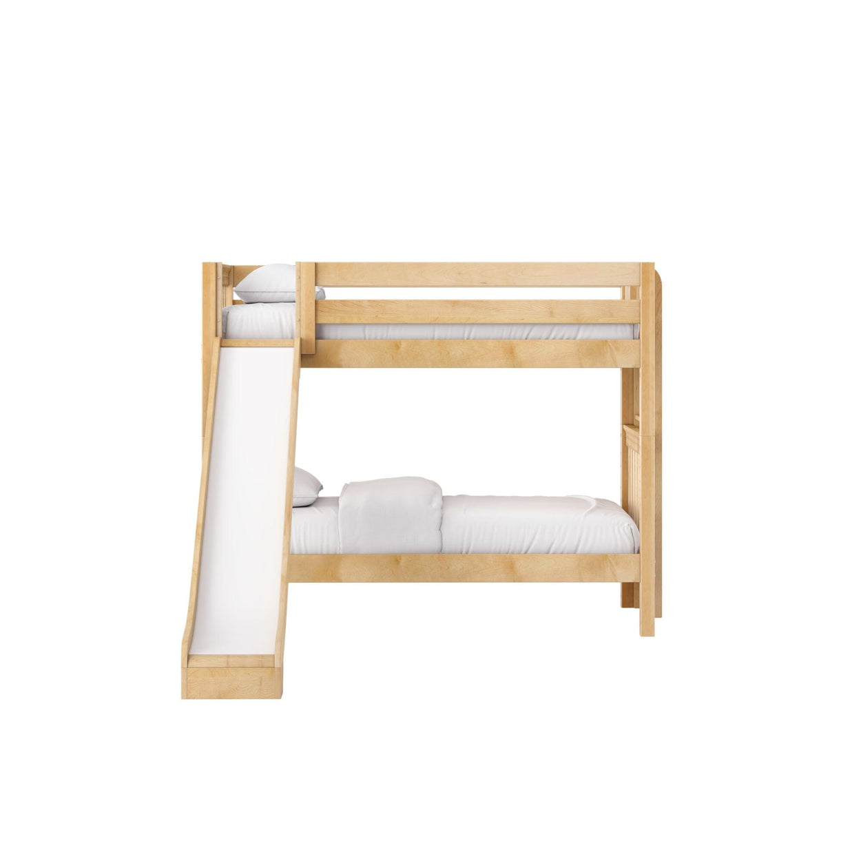 Wooden bunk bed with built-in slide, natural wood finish kids loft bed with white bedding and safety rails