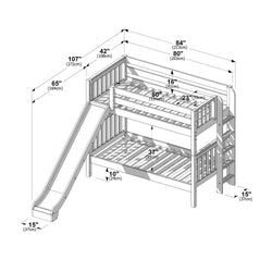Kids wooden bunk bed with slide and ladder — blueprint-style schematic showing guardrails, slatted mattress supports and measurements in inches and centimeters