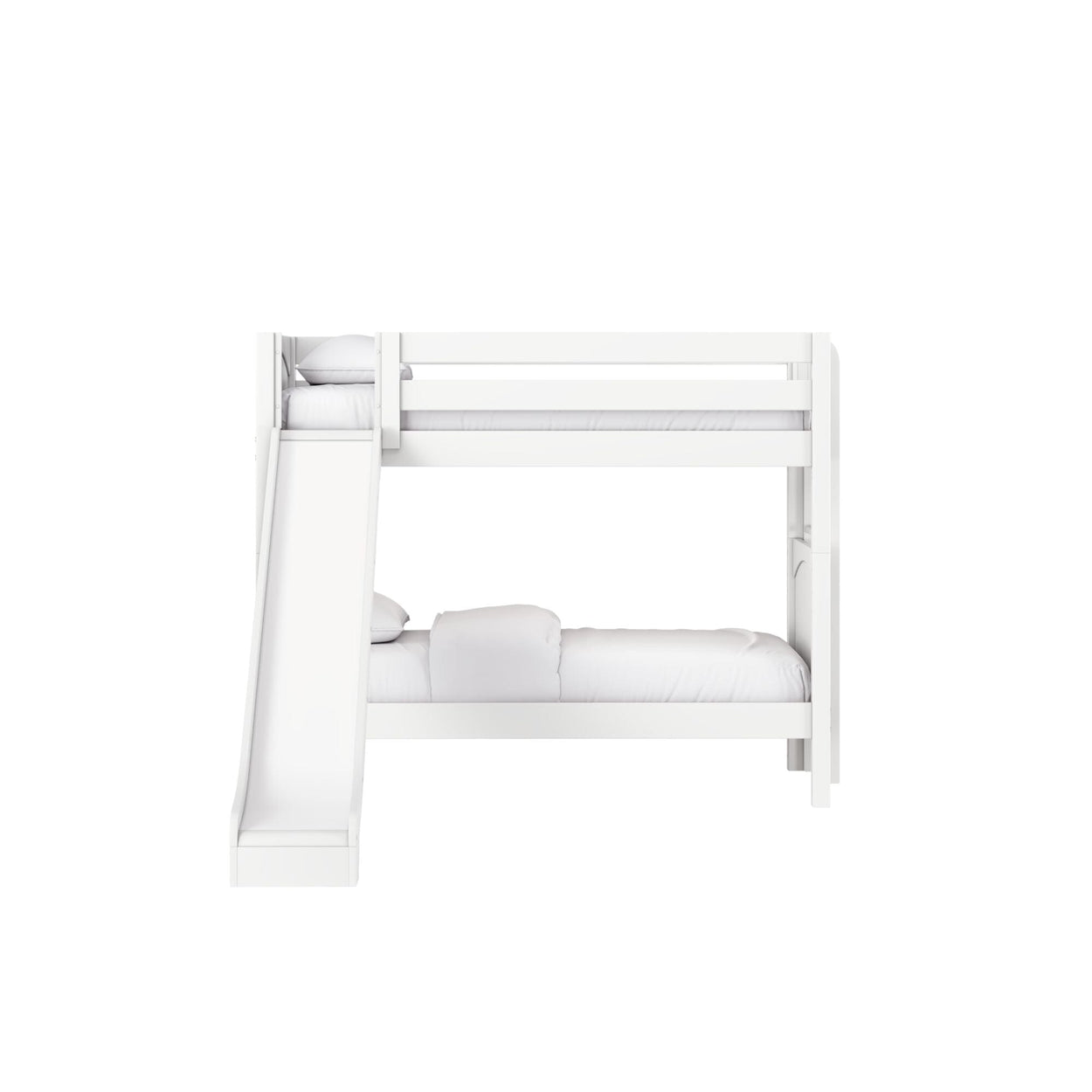White wooden bunk bed with built-in slide and ladder, twin-over-full design with white bedding for modern space‑saving kids' bedroom