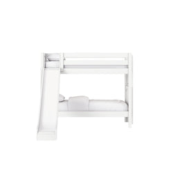 White wooden bunk bed with built-in slide and ladder, twin-over-full design with white bedding for modern space‑saving kids' bedroom
