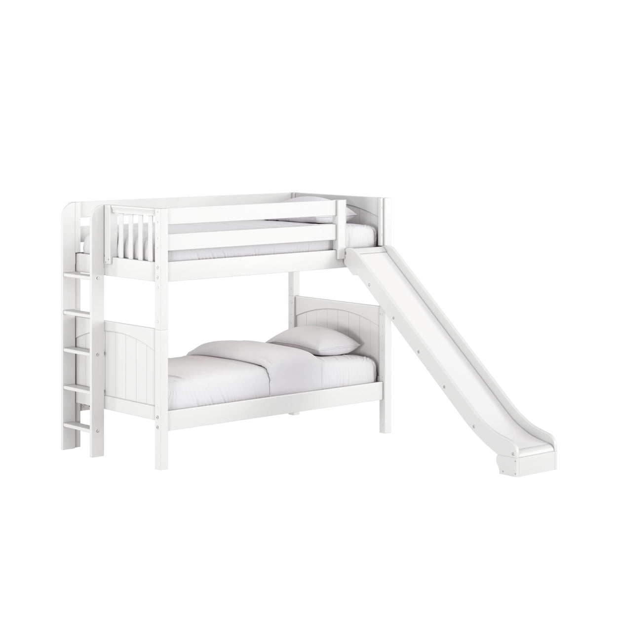 Kids bunk bed with slide — white wooden loft bed with ladder and guardrails, children's bedroom furniture