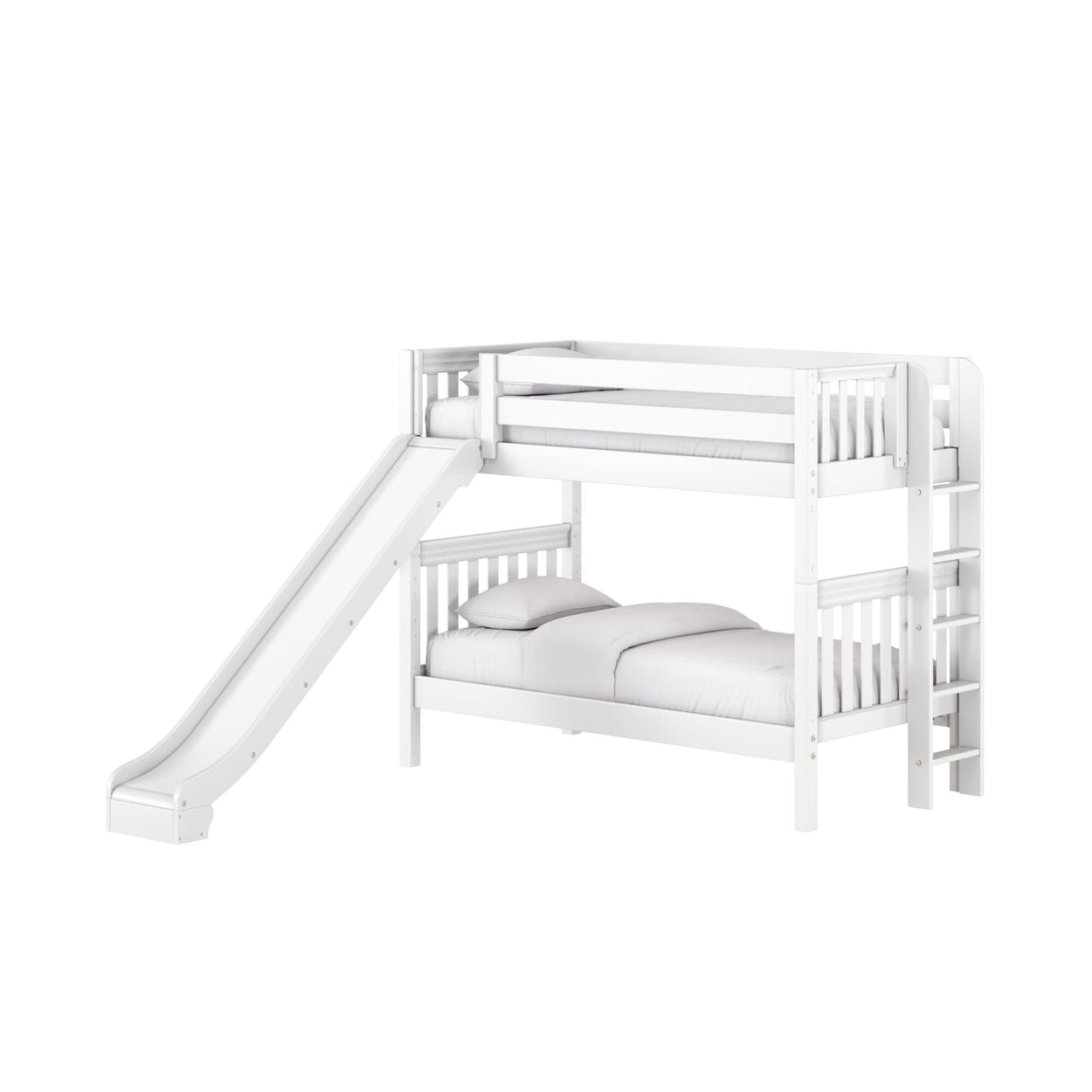 White wooden loft bunk bed with slide, ladder and guardrails, lower bed with mattress and pillows for kids' bedroom
