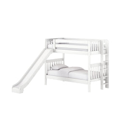 White wooden loft bunk bed with slide, ladder and guardrails, lower bed with mattress and pillows for kids' bedroom