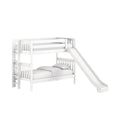 White wooden twin-over-full kids bunk bed with slide and ladder, guardrails and mattress — modern children's loft bed