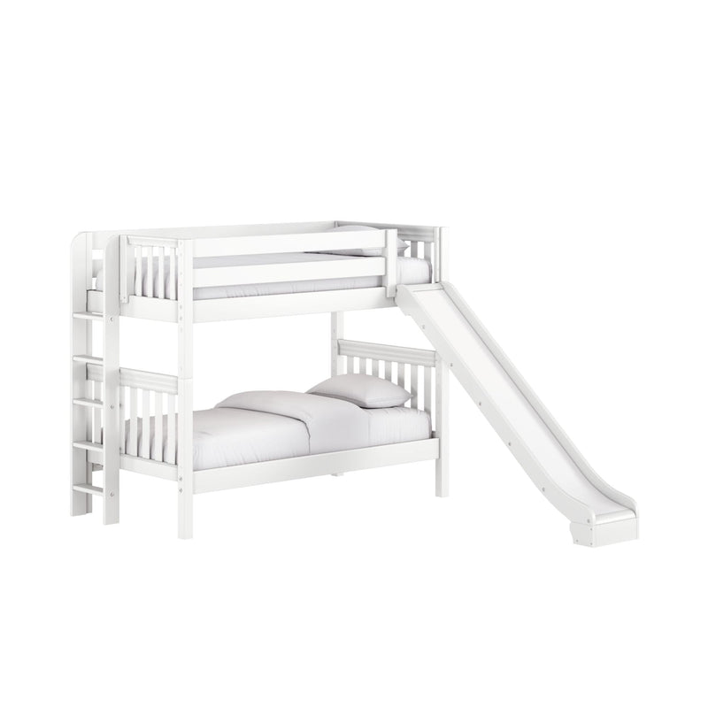 White wooden twin-over-full kids bunk bed with slide and ladder, guardrails and mattress — modern children's loft bed