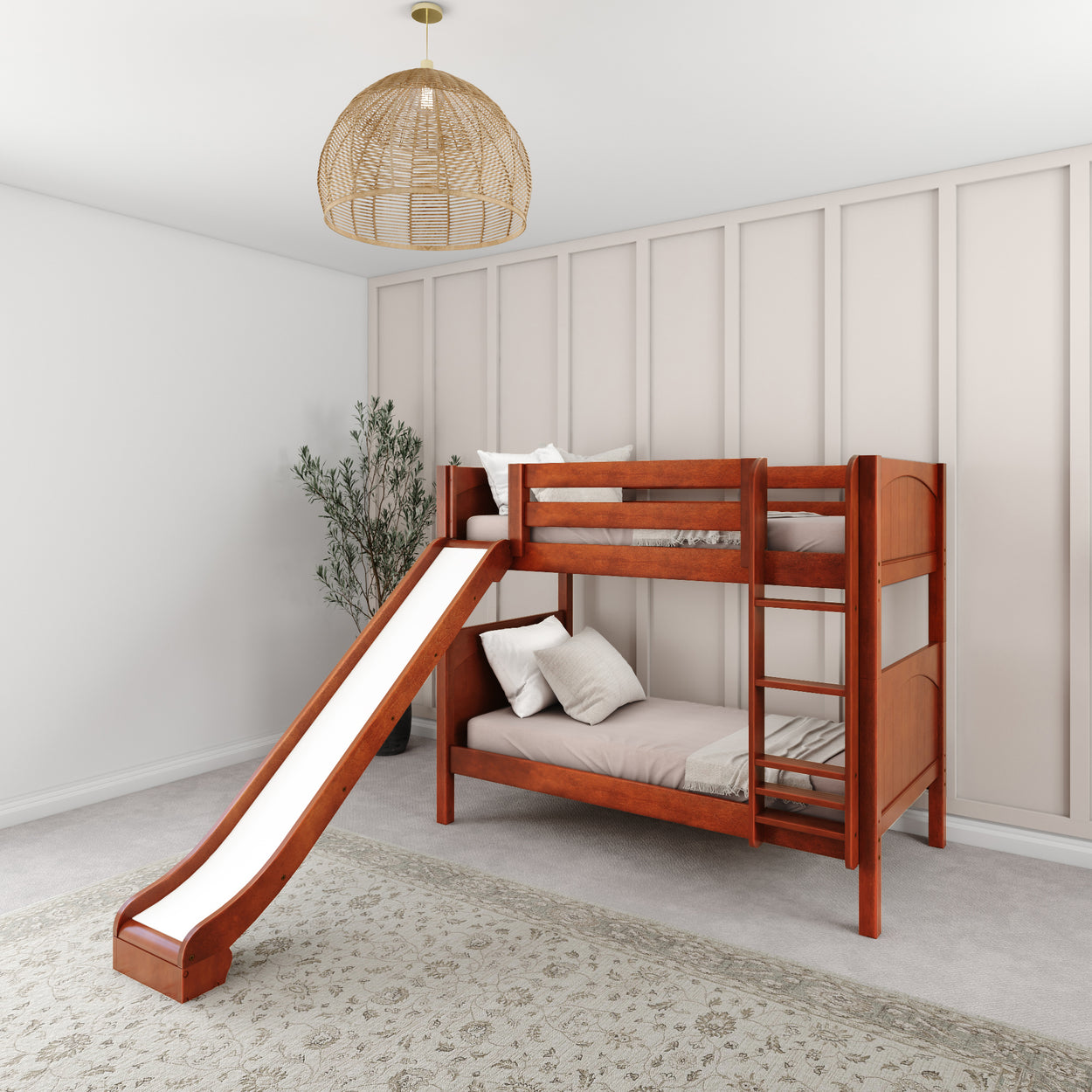 Wooden bunk bed with slide in a modern children's bedroom.