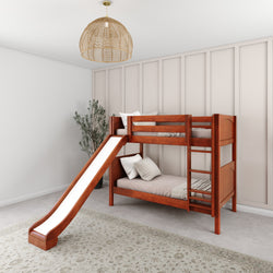 Wooden bunk bed with slide in a modern children's bedroom.