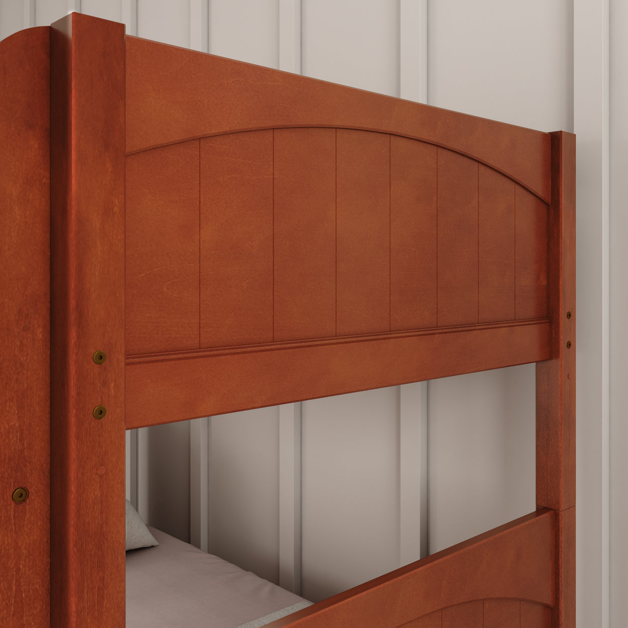 Wooden bunk bed with curved panel design in modern bedroom setting.