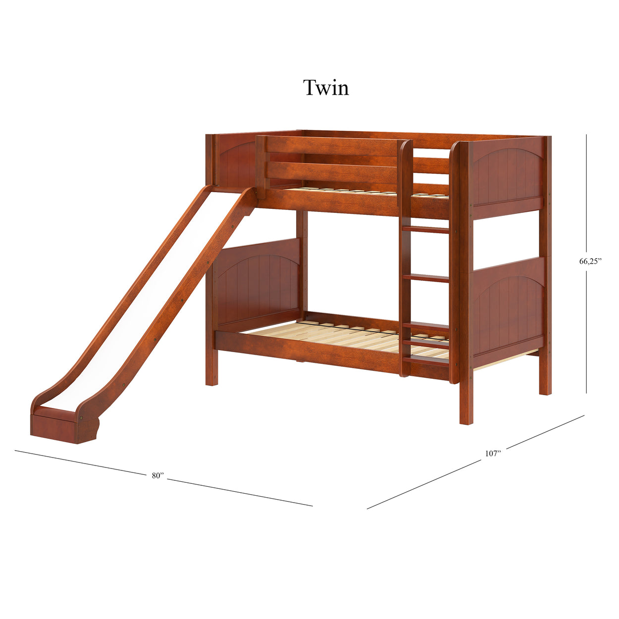 Twin bunk bed with slide, wooden finish, dimensions included.