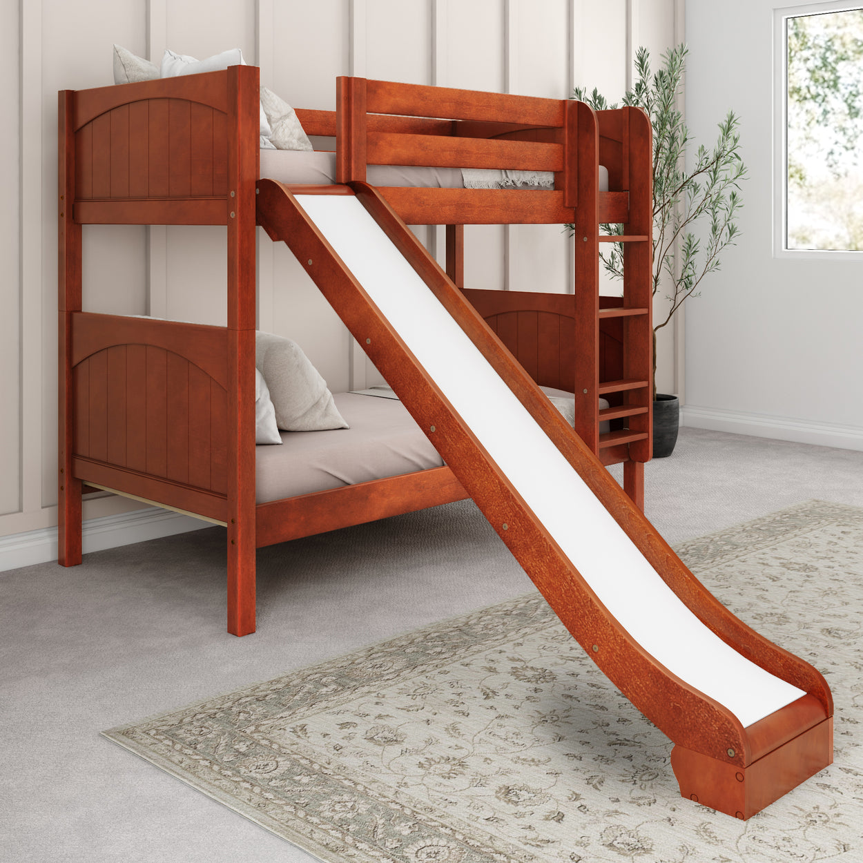 Wooden bunk bed with slide for kids' bedroom, featuring a stylish design and space-saving functionality.