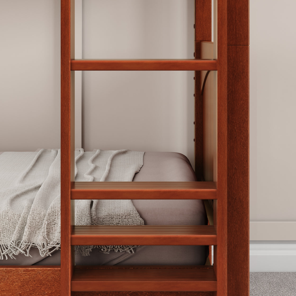 Wooden bunk bed corner with beige blanket in a modern bedroom setting.