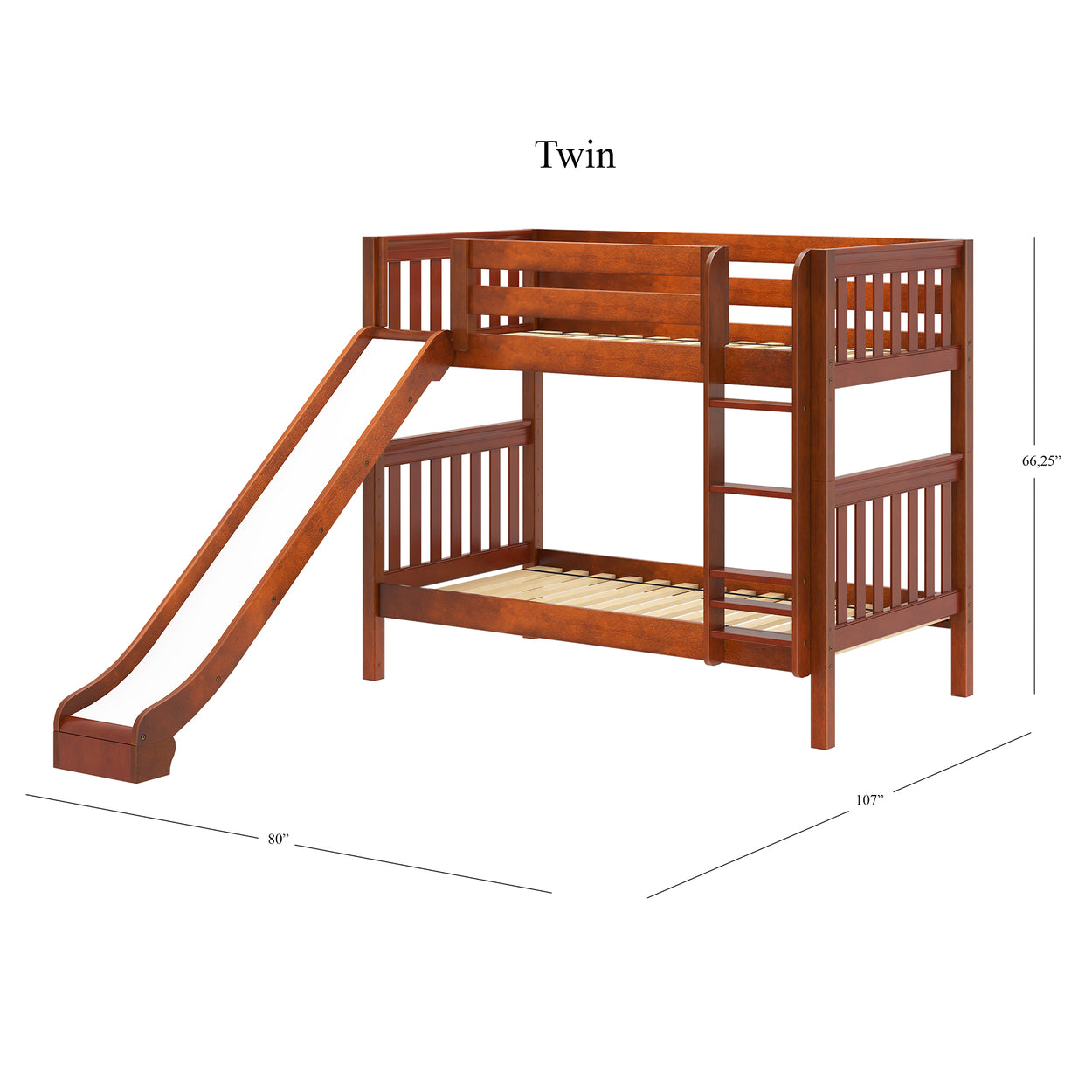 Twin wood bunk bed with slide and ladder for children's bedroom.
