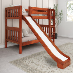 Wooden bunk bed with slide in a cozy modern bedroom setting.
