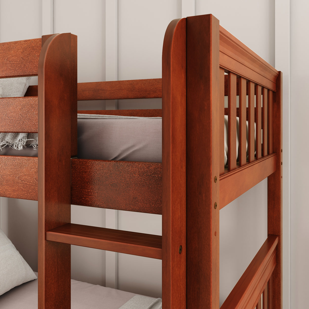 Wooden bunk bed with minimalistic design in a modern bedroom setting.