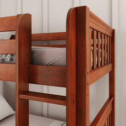 Wooden bunk bed with minimalistic design in a modern bedroom setting.