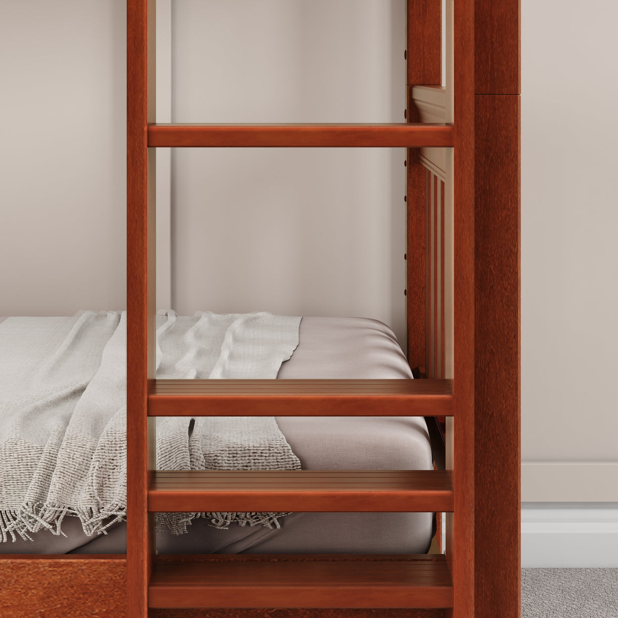 Wooden bunk bed with a neatly made lower bunk, featuring a cozy light gray blanket in a modern bedroom.