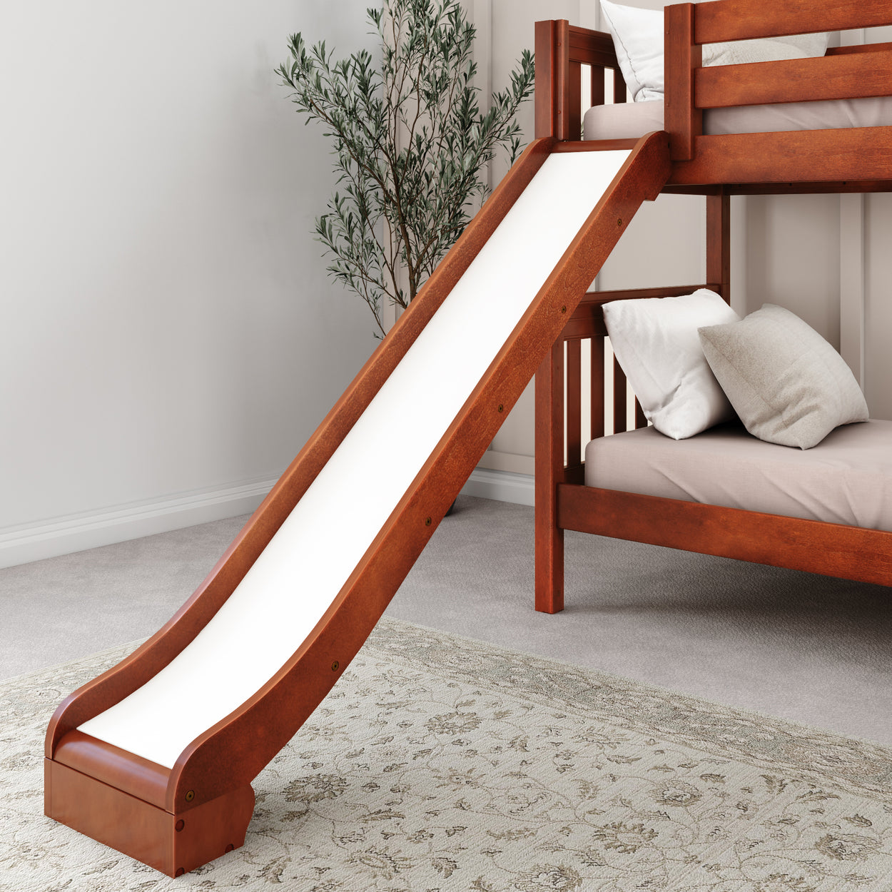 Wooden bunk bed with attached slide in a cozy bedroom setting.