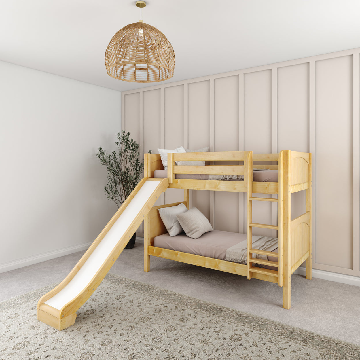 Wooden bunk bed with slide in modern kids' bedroom.