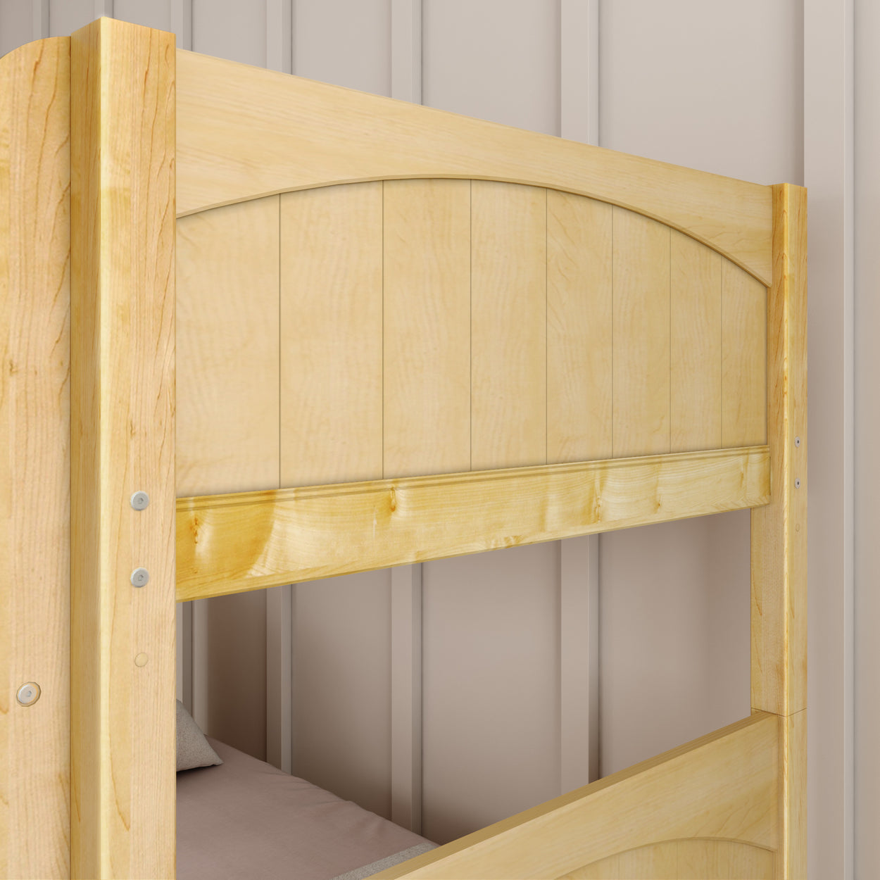 Wooden bunk bed frame with light finish in a minimalistic bedroom setting.