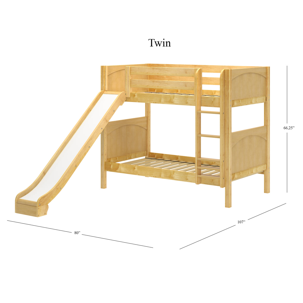 Twin wooden bunk bed with slide for kids bedroom, 80 inches by 107 inches, natural wood finish.