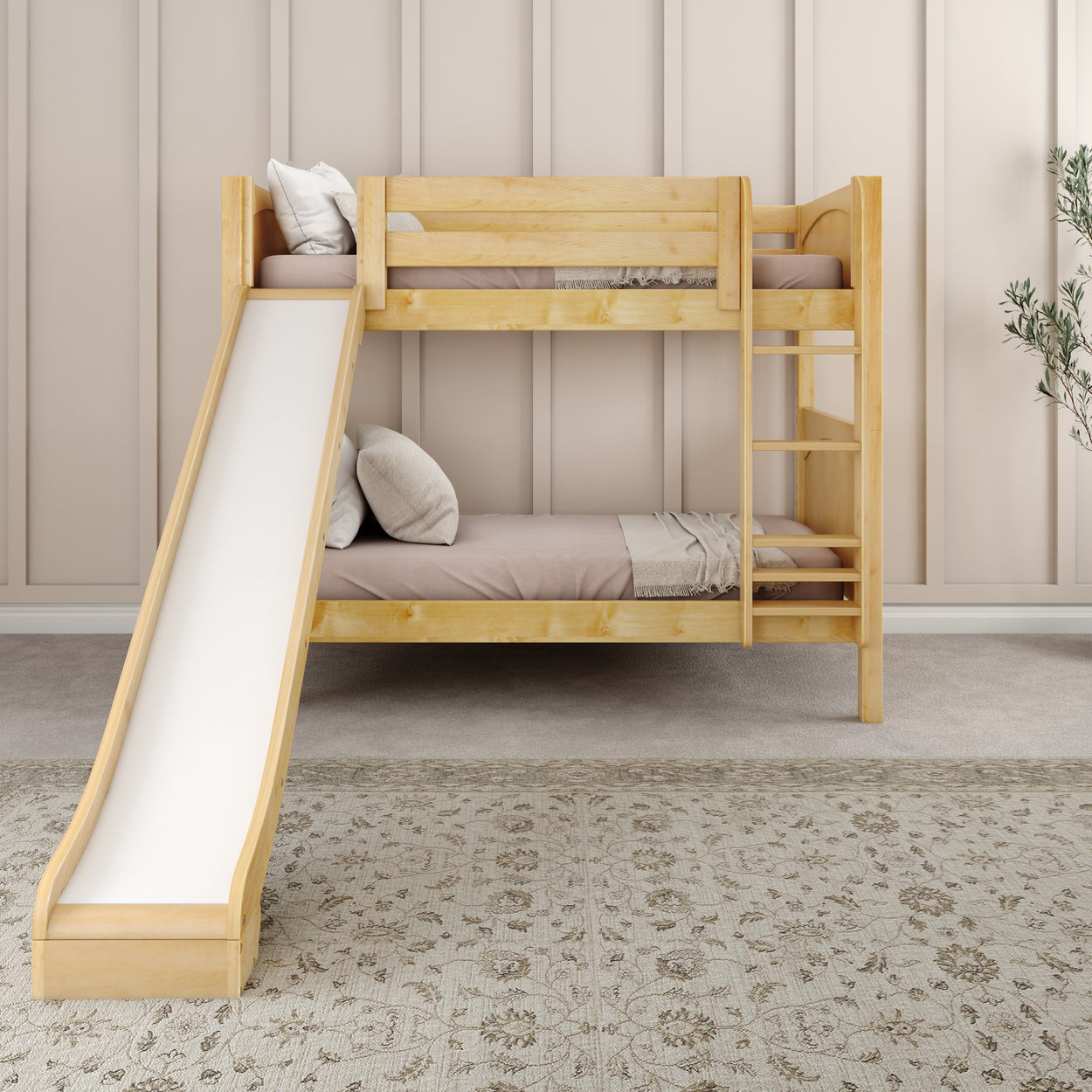 Children's wooden bunk bed with slide in cozy bedroom interior.