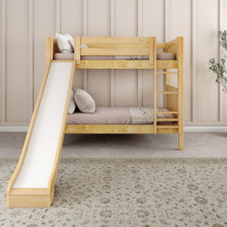 Children's wooden bunk bed with slide in cozy bedroom interior.