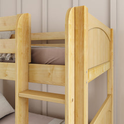 Wooden bunk bed frame with ladder against beige wall in cozy bedroom setting.