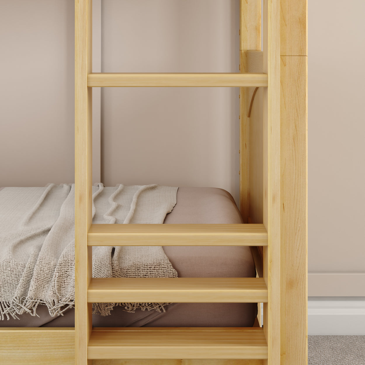 Wooden bunk bed ladder and cozy blanket arrangement in a modern bedroom setting.