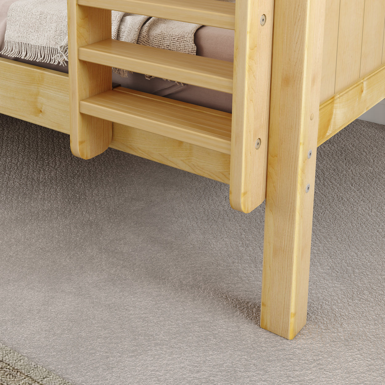 Wooden bunk bed ladder on gray carpet.
