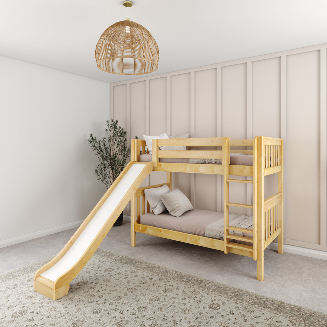 Children's wooden bunk bed with slide in modern bedroom, featuring neutral decor and cozy bedding.