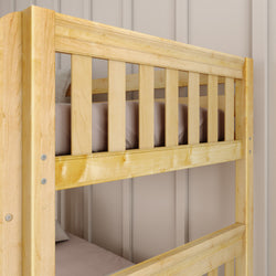 Wooden bunk bed frame against a beige wall, displaying sturdy construction and natural finish.