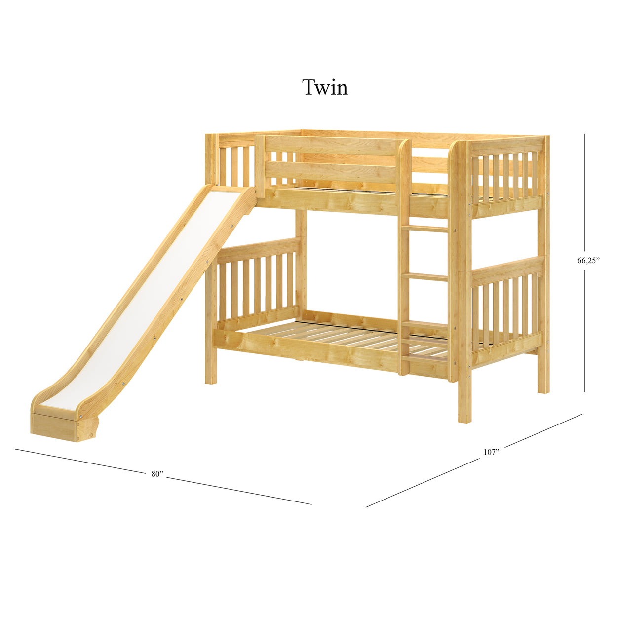 Twin wooden bunk bed with slide and ladder, dimensions 80x107x66.25 inches, ideal for kids' bedroom furniture.