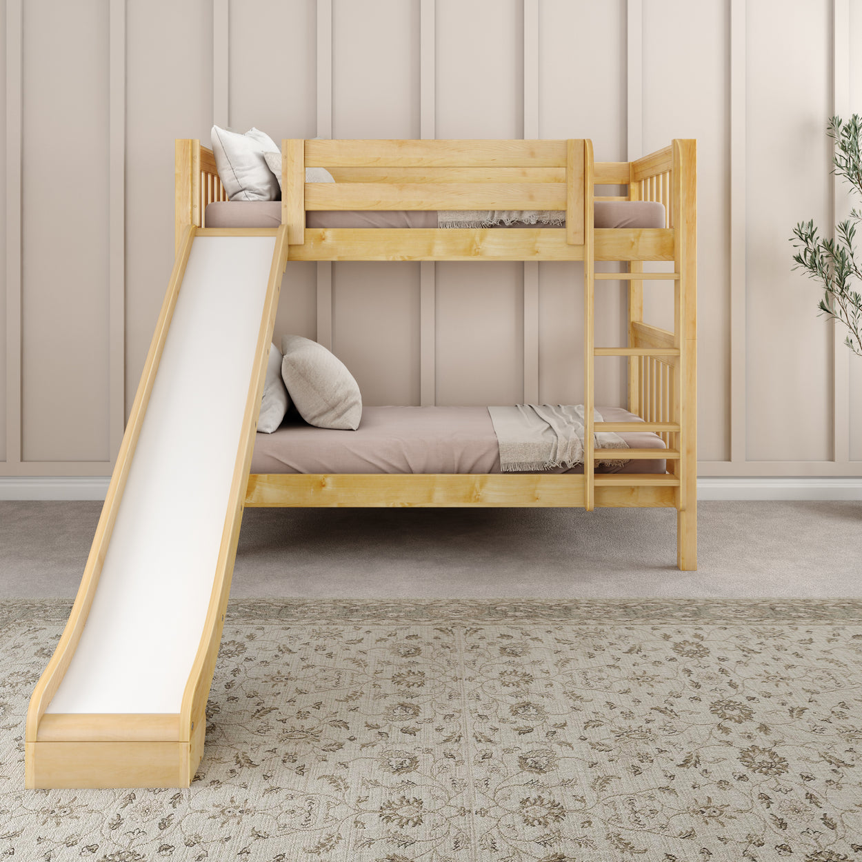 Wooden bunk bed with slide in cozy neutral-toned children's bedroom.