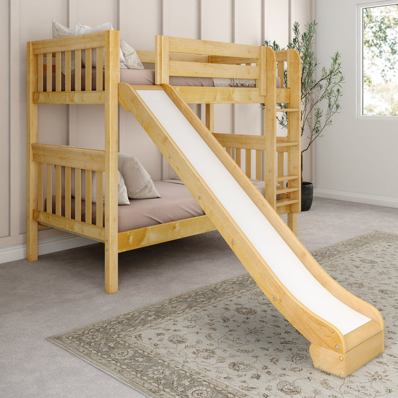 Solid pine twin-over-twin bunk bed with built-in slide and ladder in a modern neutral kids' bedroom with pink bedding and potted plant by the window