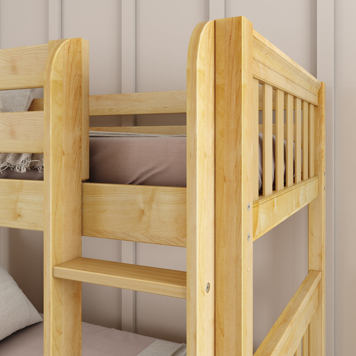 Wooden bunk bed with ladder in a modern bedroom.