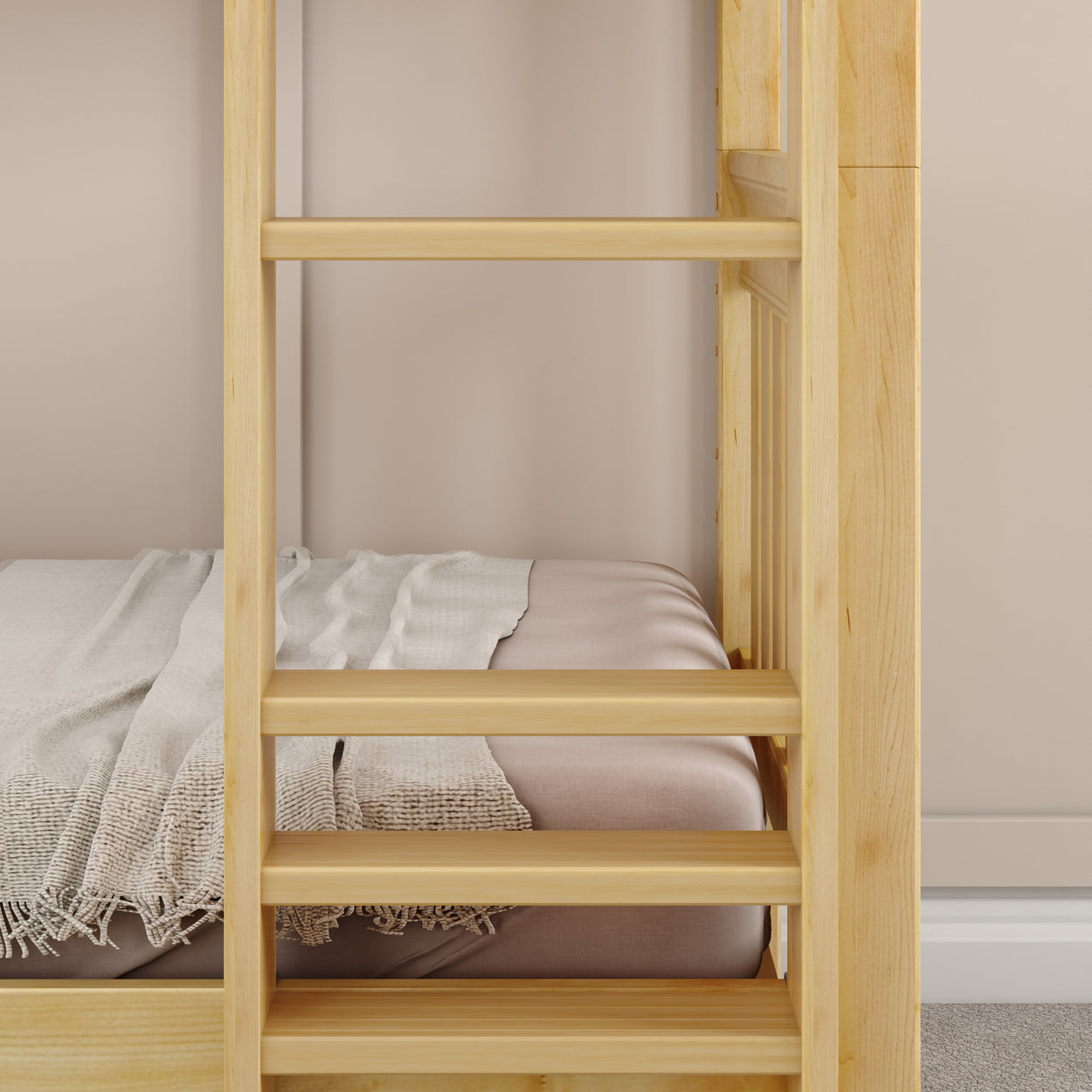 Wooden bunk bed with comfortable bedding and neutral decor in a cozy room.