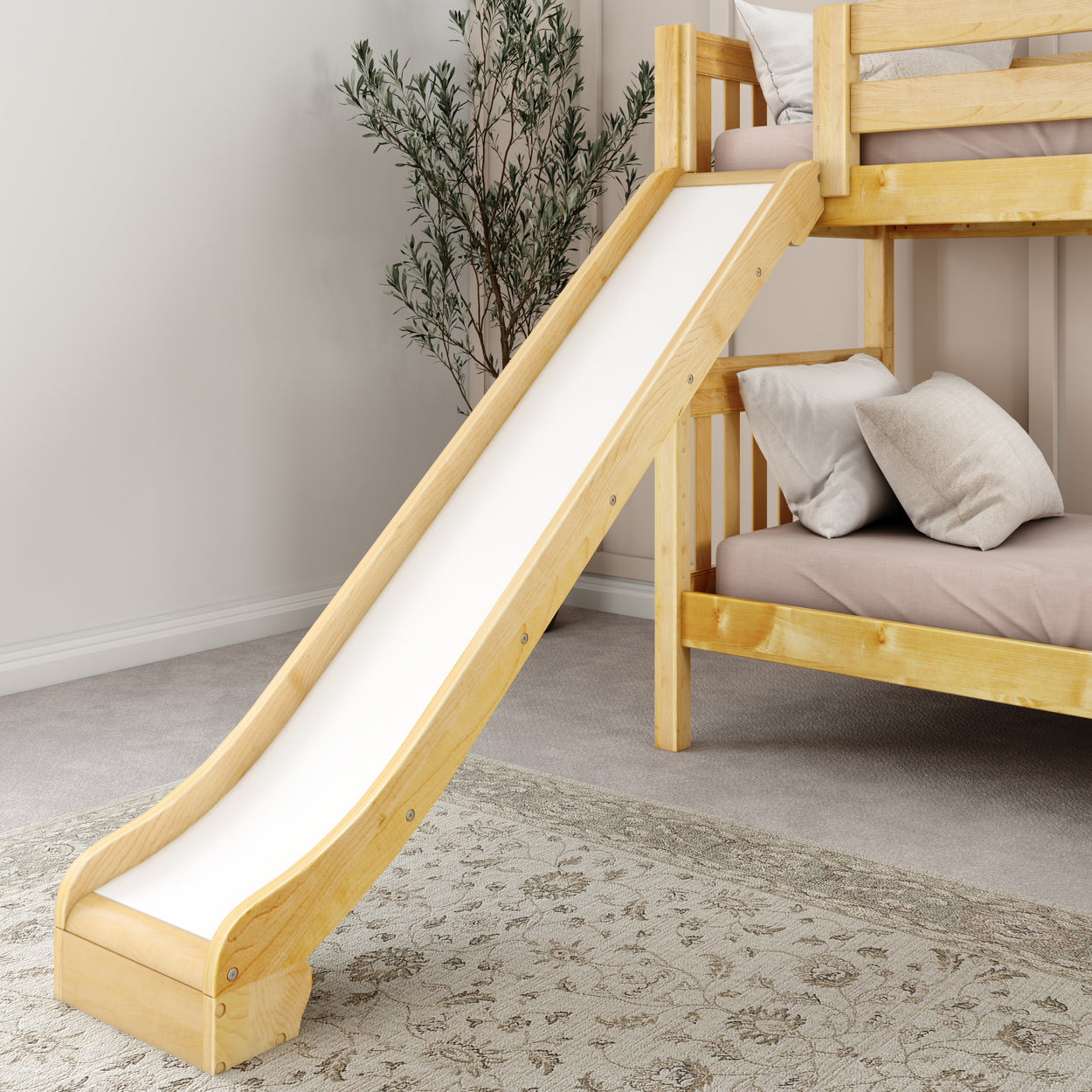 Wooden bunk bed with slide in a cozy bedroom setting.