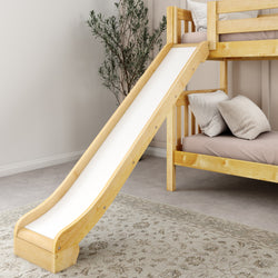 Wooden bunk bed with slide in a cozy bedroom setting.