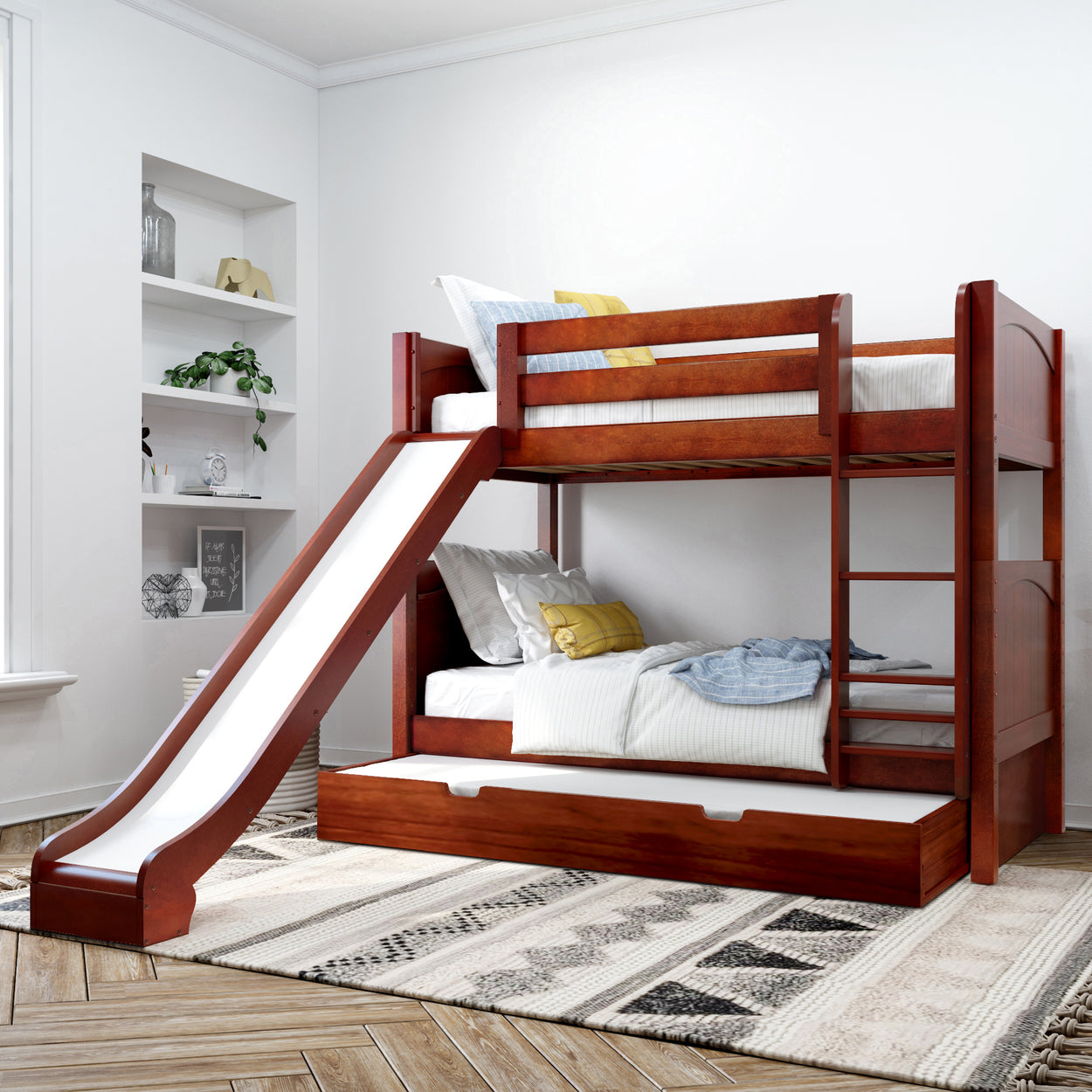 Stylish wooden bunk bed with slide and trundle drawer in modern kids' room.