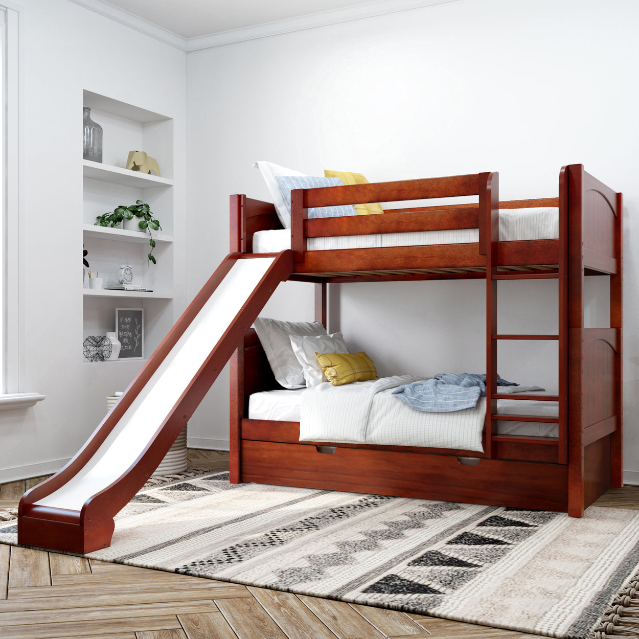 Wooden bunk bed with slide in modern bedroom setting.
