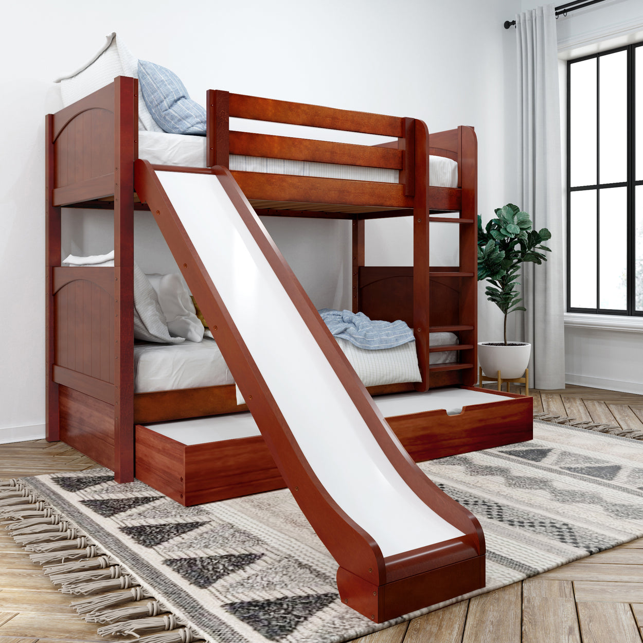 Wooden bunk bed with slide in modern bedroom setting for kids.