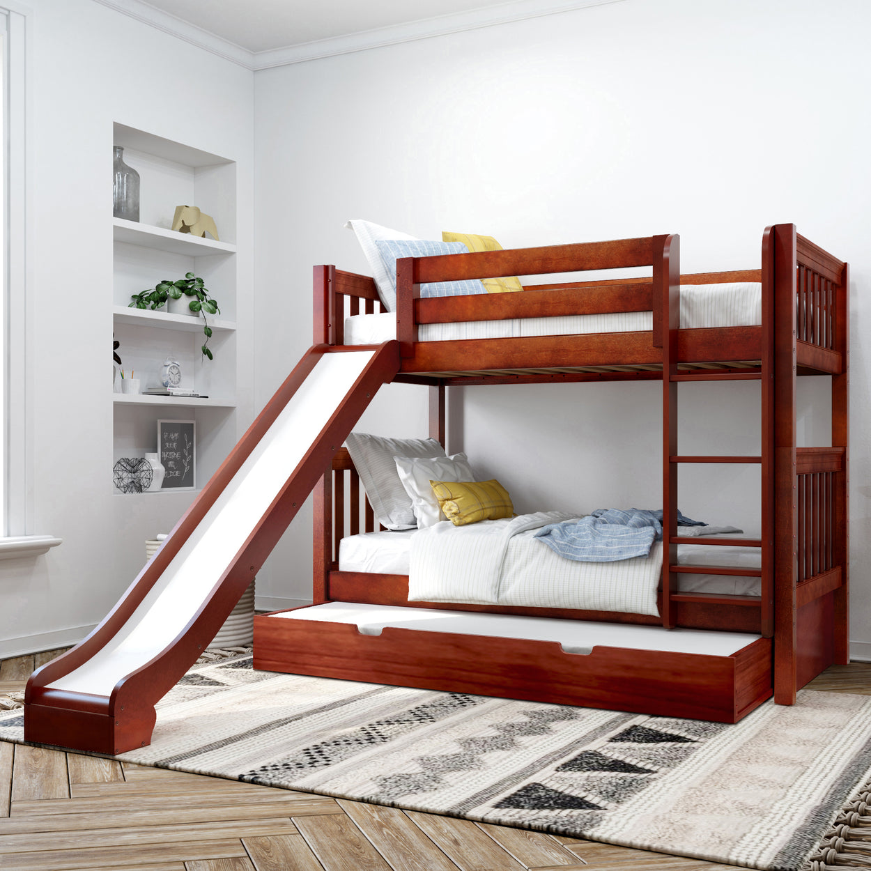 Wooden bunk bed with slide, ladder, and pull-out storage in a modern, bright children's room.
