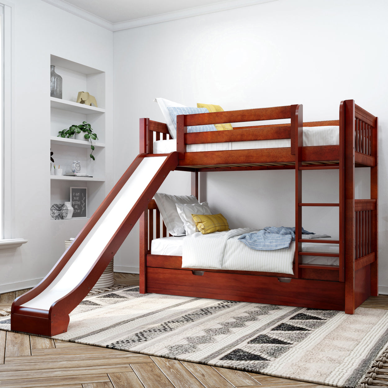 Children's wooden bunk bed with slide in modern bedroom setup.