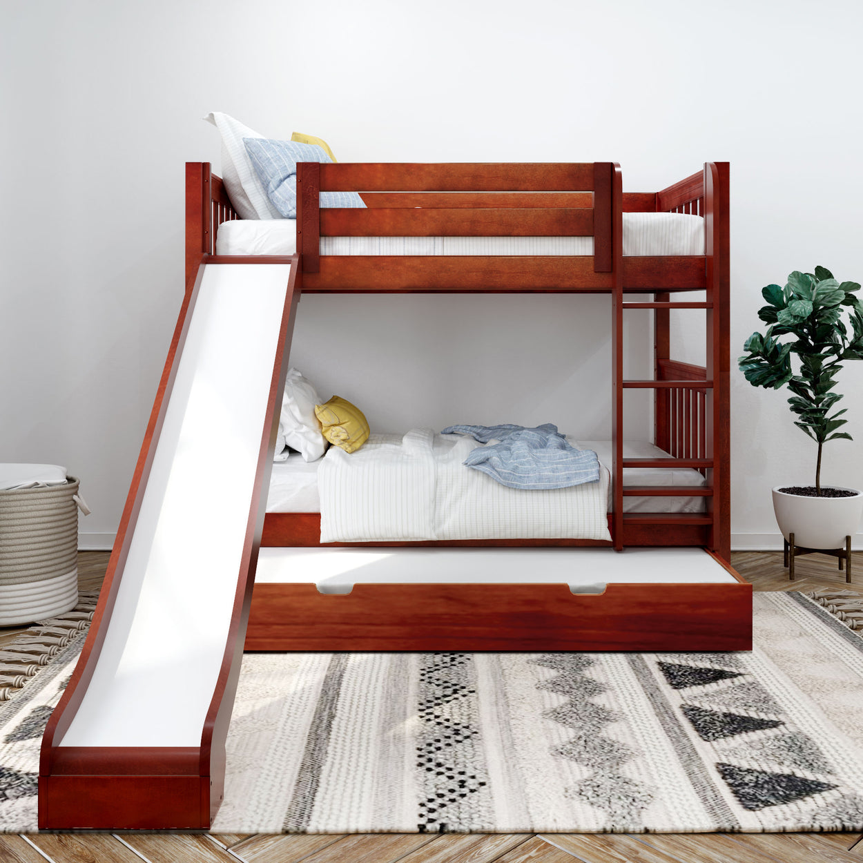 Wooden bunk bed with built-in slide and linen bedding in a modern kids' bedroom.