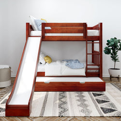 Wooden bunk bed with built-in slide and linen bedding in a modern kids' bedroom.