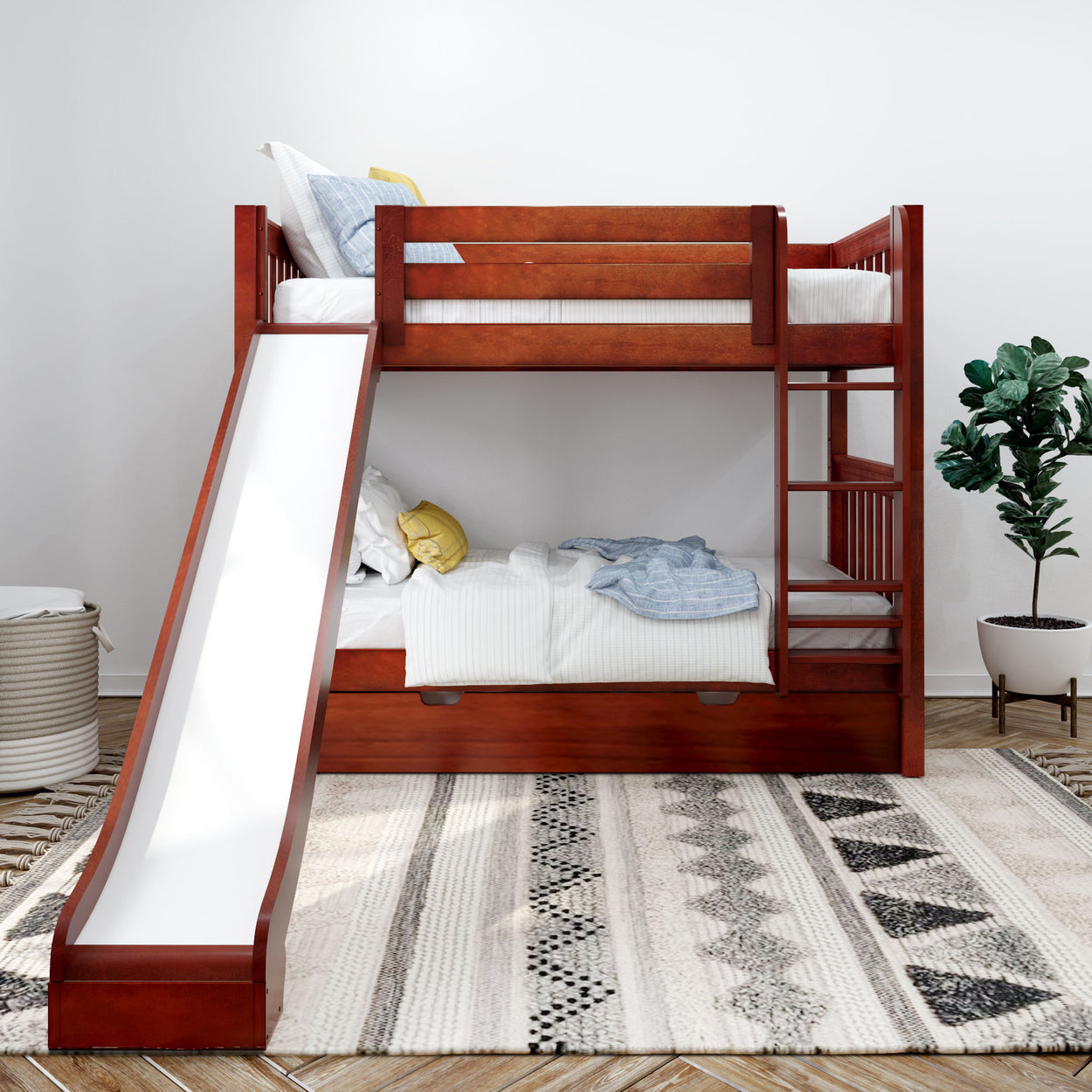 Children's wooden bunk bed with slide and ladder in modern bedroom.