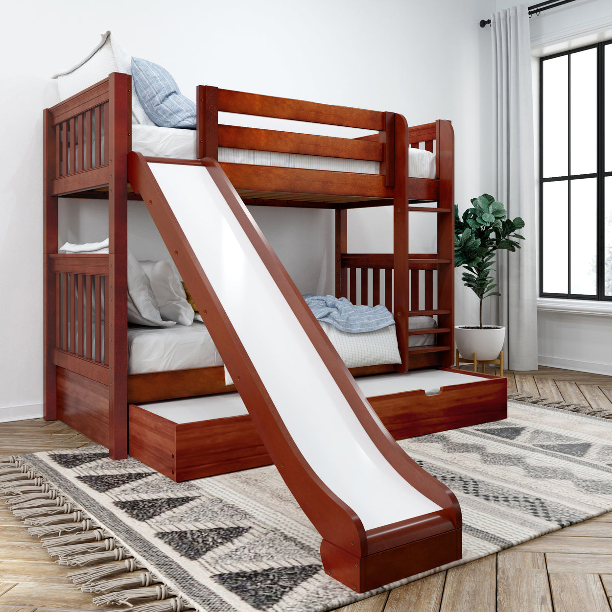 Rustic wooden bunk bed with slide in a modern bedroom featuring a potted plant and natural light.